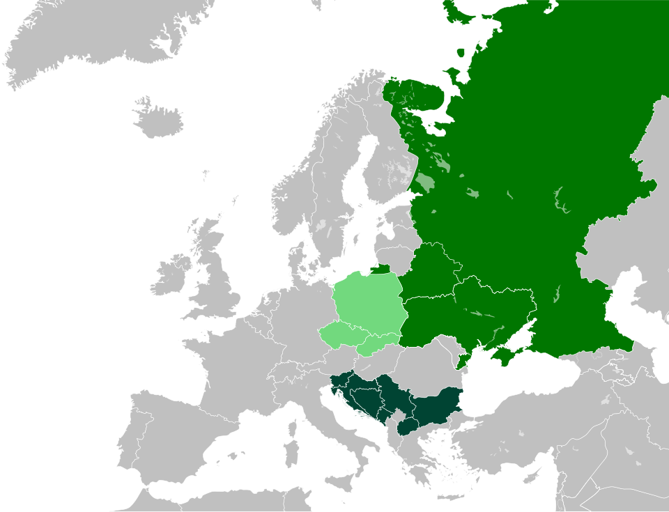 Countries where most people are Slavic and there is at least one Slavic national language {{legend|#7cdc87|West Slavic}} {{legend|#008000|East Slavic}} {{legend|#004040|South Slavic}}