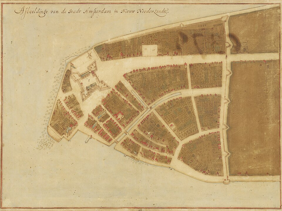 Lower Manhattan in 1660, when it was part of New Amsterdam. The large building toward the tip of the island is Fort Amsterdam. North is on the right in this map.