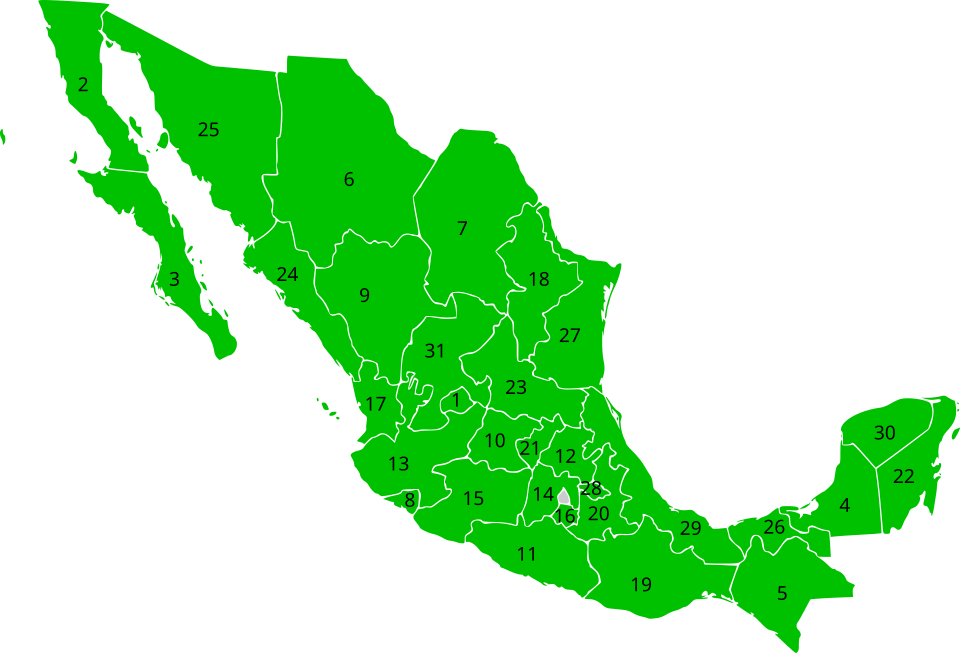 Map of México divided into states