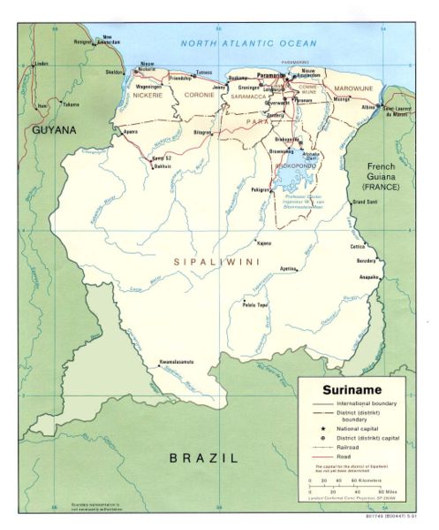 Map of Suriname, with the disputed territories shown
