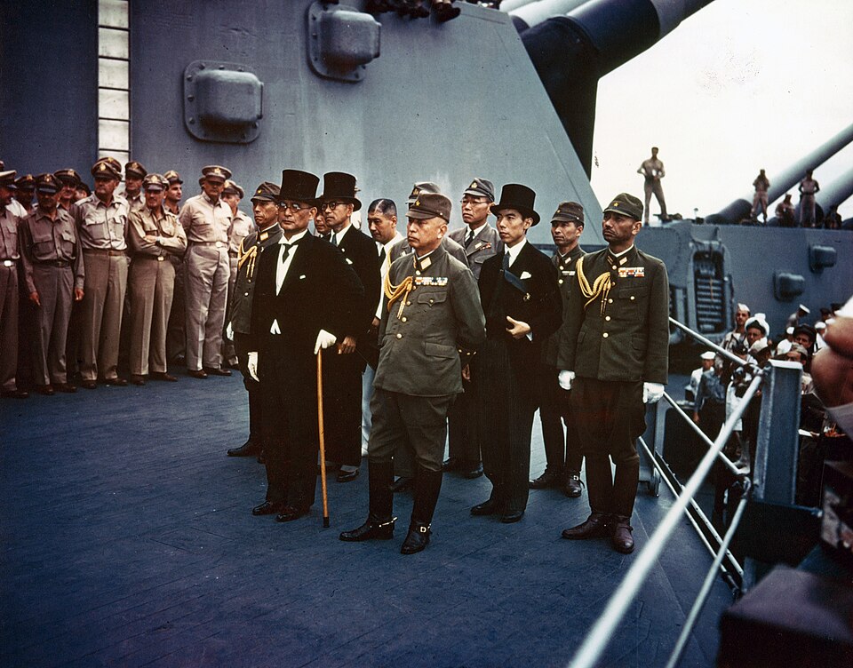 The Japanese surrender to the United States on the battleship USS Missouri