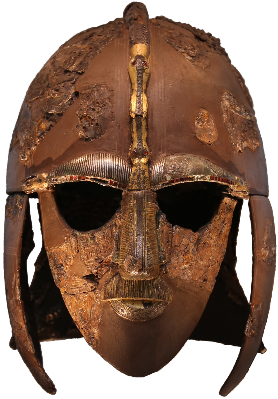 {{center|The famous helmet found at Sutton Hoo probably belonged to King Raedwald of East Anglia, about 625 AD. Based on a Roman parade helmet design, it has decorations like those on contemporary Swedish helmets found at Old Uppsala (from the British Museum)}}