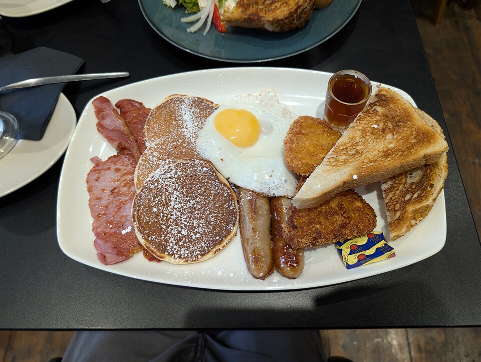 Bacon in a breakfast meal.