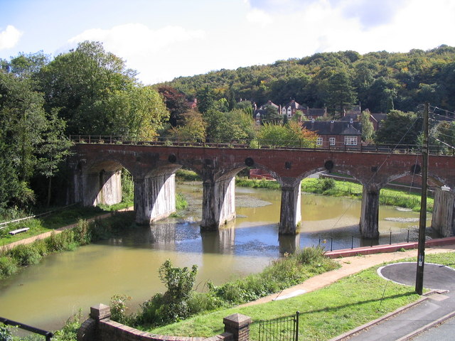The Upper Furnace Pool of the Coalbrookdale foundries. It provided water to power the bellows for the blast furnaces, and the turning and grinding machines. The railway viaduct was built in 1862{{ndash}}64, and still carries trains taking coal to the Ironbridge power station.