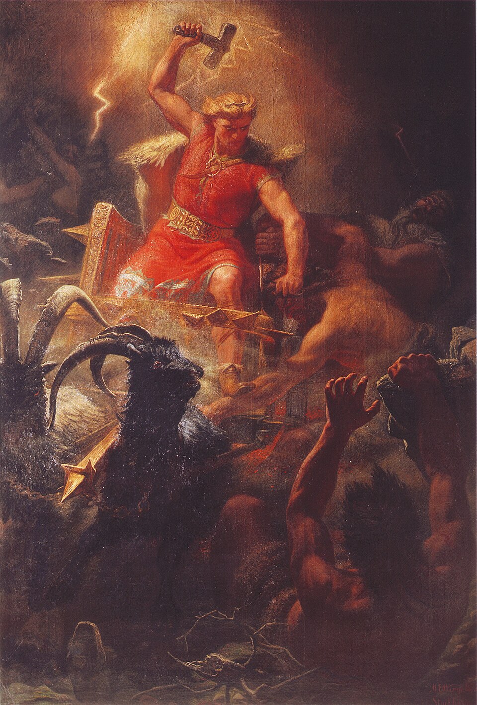 Thor, the Norse god of thunder, battles the Jötnar in this 1872 painting by Mårten Eskil Winge.