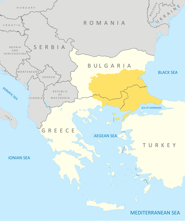 The modern boundaries of Thrace in Bulgaria, Greece and Turkey.