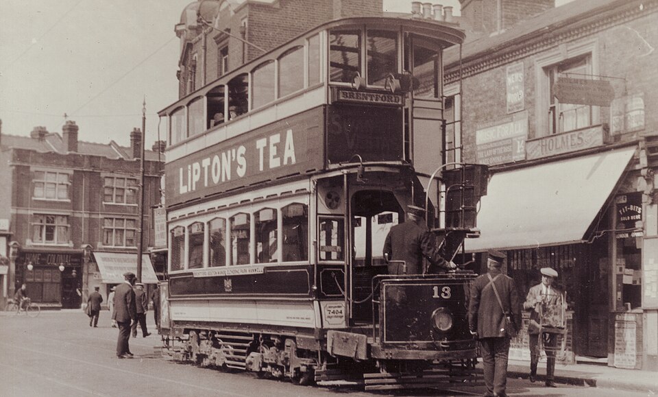A double deck tram in London, 1910. Double decker trams were commonplace in Great Britain and Dublin before tramways were torn up in the 1950s and 1960s