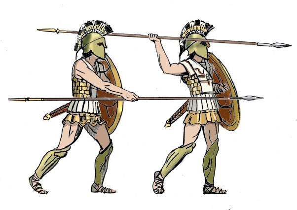 Hoplites shown in two attack positions, with both an overhand and underhand thrust.
