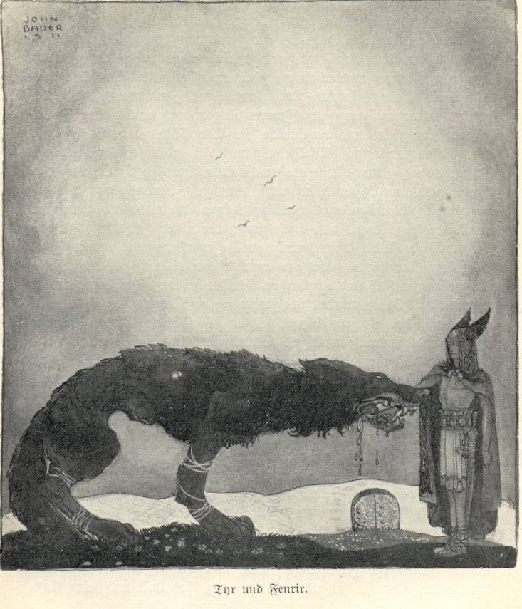 According to the Edda, Fenrisulfr bites off the hand of Týr (John Bauer, 1911)