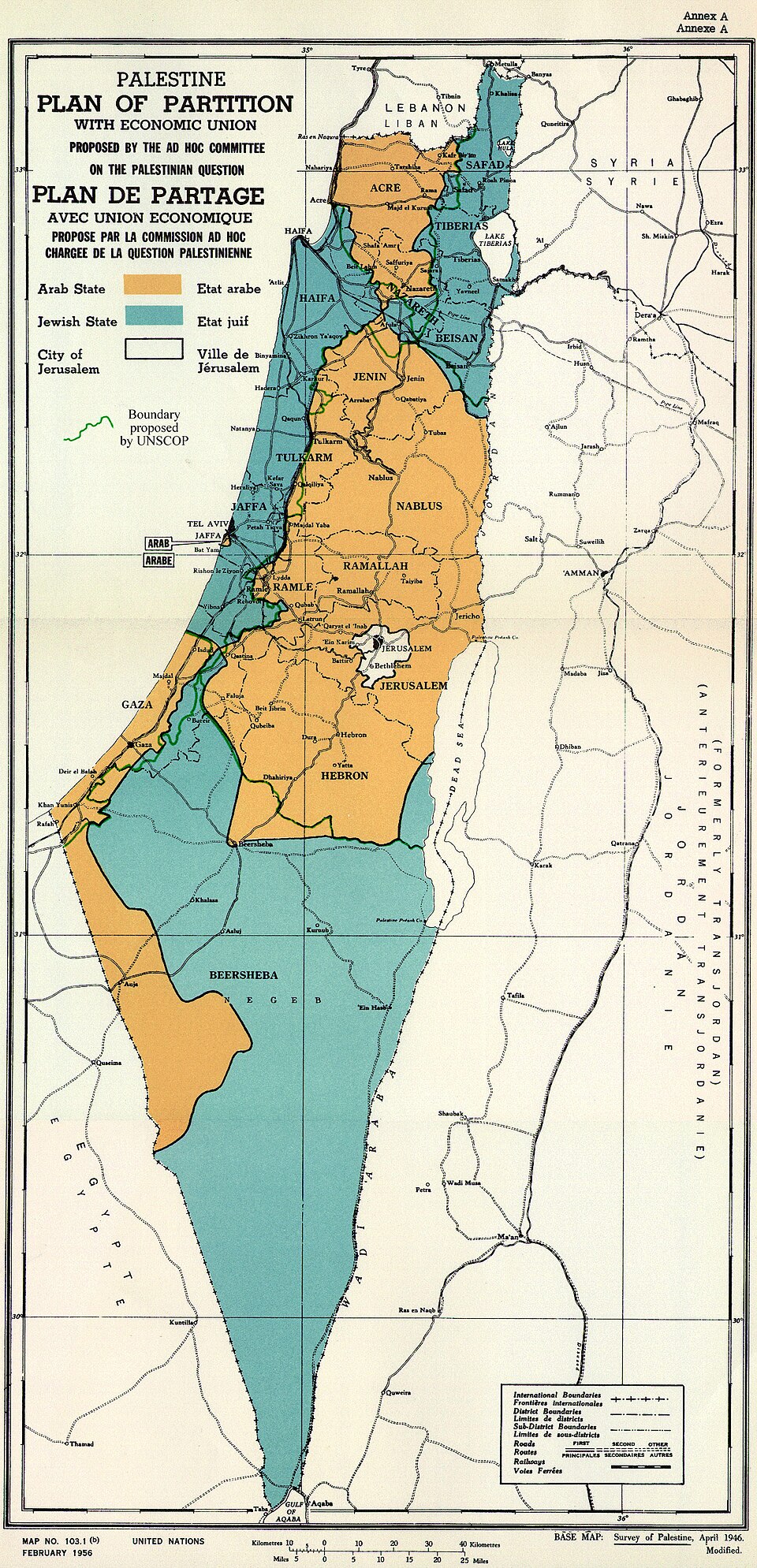 Map of the original 1947 UN Partition Plan for Mandatory Palestine. The territory was to be divided between an Arab and a Jewish state, with Jerusalem becoming an internationally-administered space.