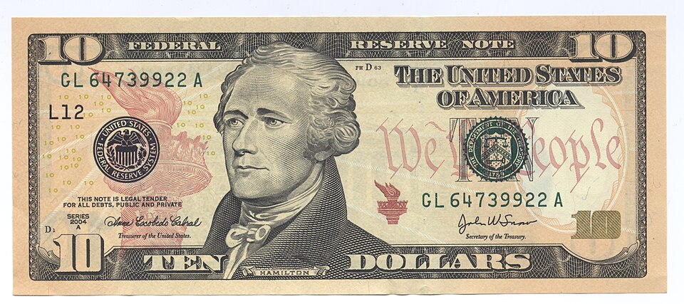 {{center|Hamilton on the US $10 bill}}