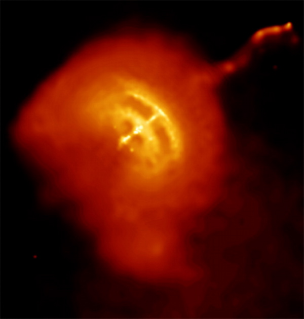 The Vela Pulsar, a neutron star that is the remains of a star left from a supernova (a great explosion of a star). It flies through space, pushed by matter thrown from one of the points where the neutron star turns.