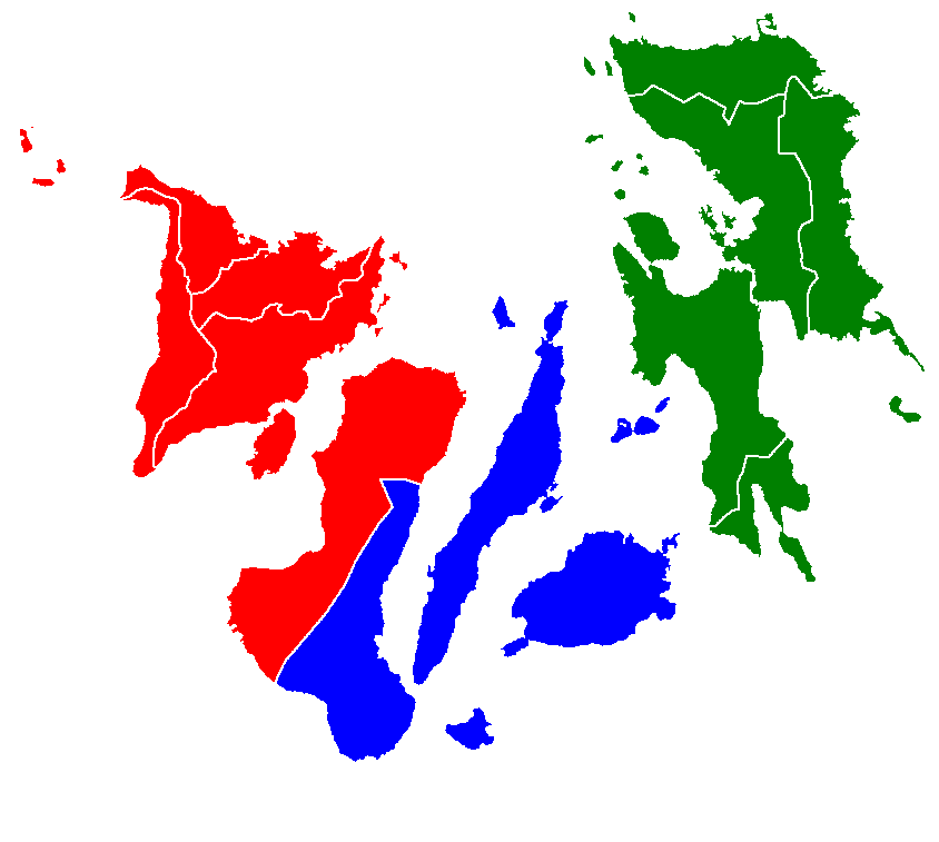 A map of the Visayas. {{legend|blue|Central Visayas}} {{legend|green|Eastern Visayas}} {{legend|red|Western Visayas}} The major islands, from west to east, are Panay, Negros, Cebu, Bohol, Leyte, and Samar.