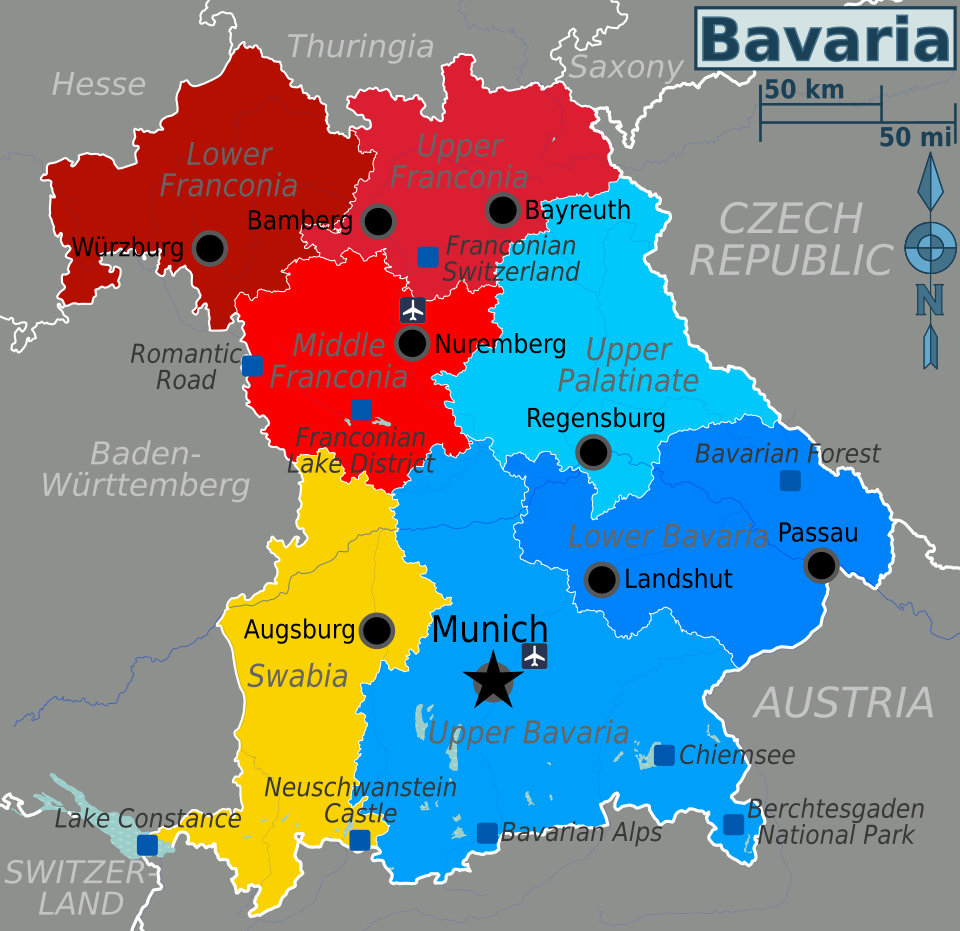 Administrative regions ({{lang|de|Regierungsbezirke}} and {{lang|de|Bezirke}}) of Bavaria