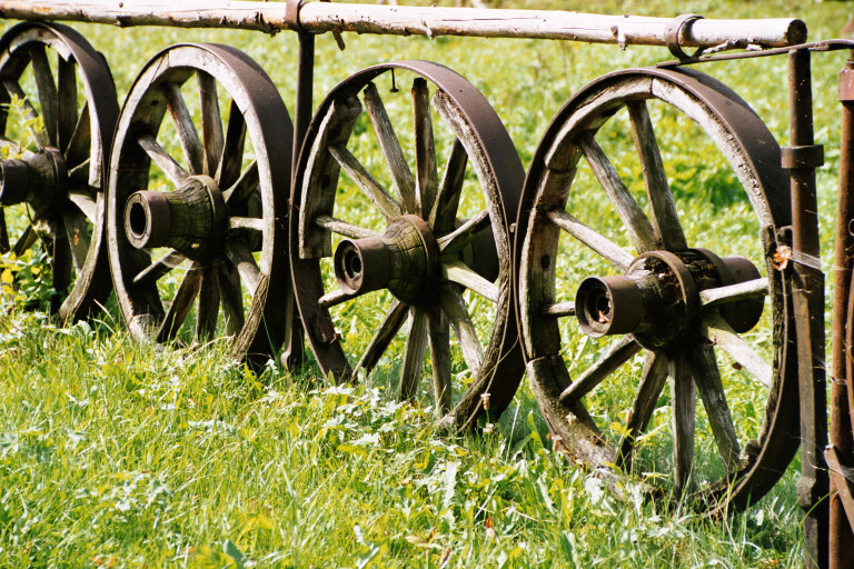 Old wooden wheels with spokes