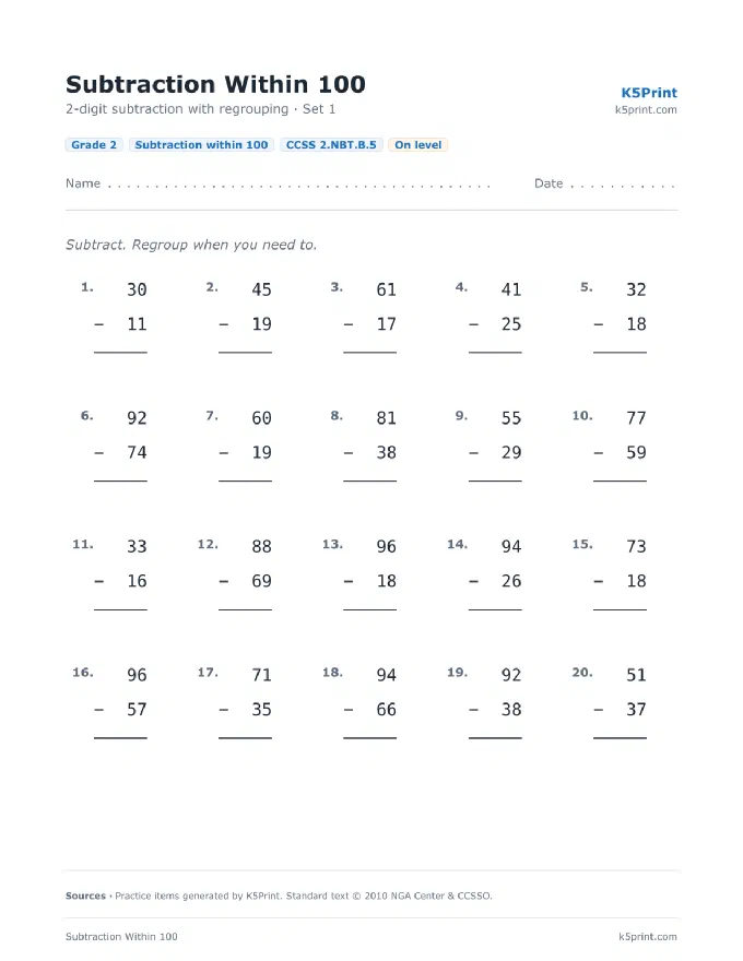 Grade 2 subtraction worksheet, 20 problems with a name and date line